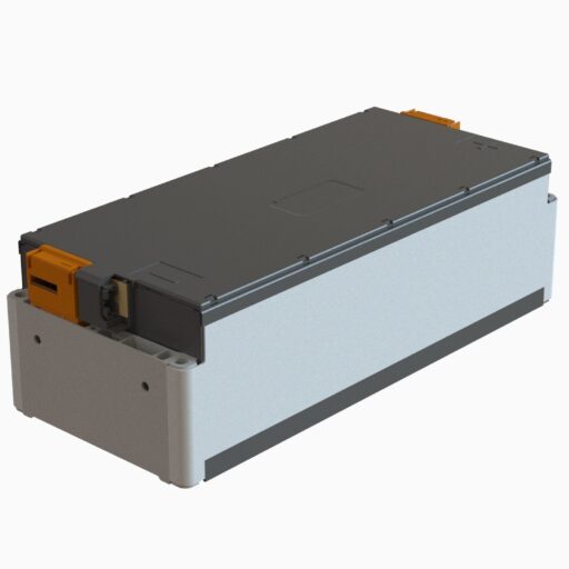 Render of a VDA-format battery module with orange high-voltage connectors